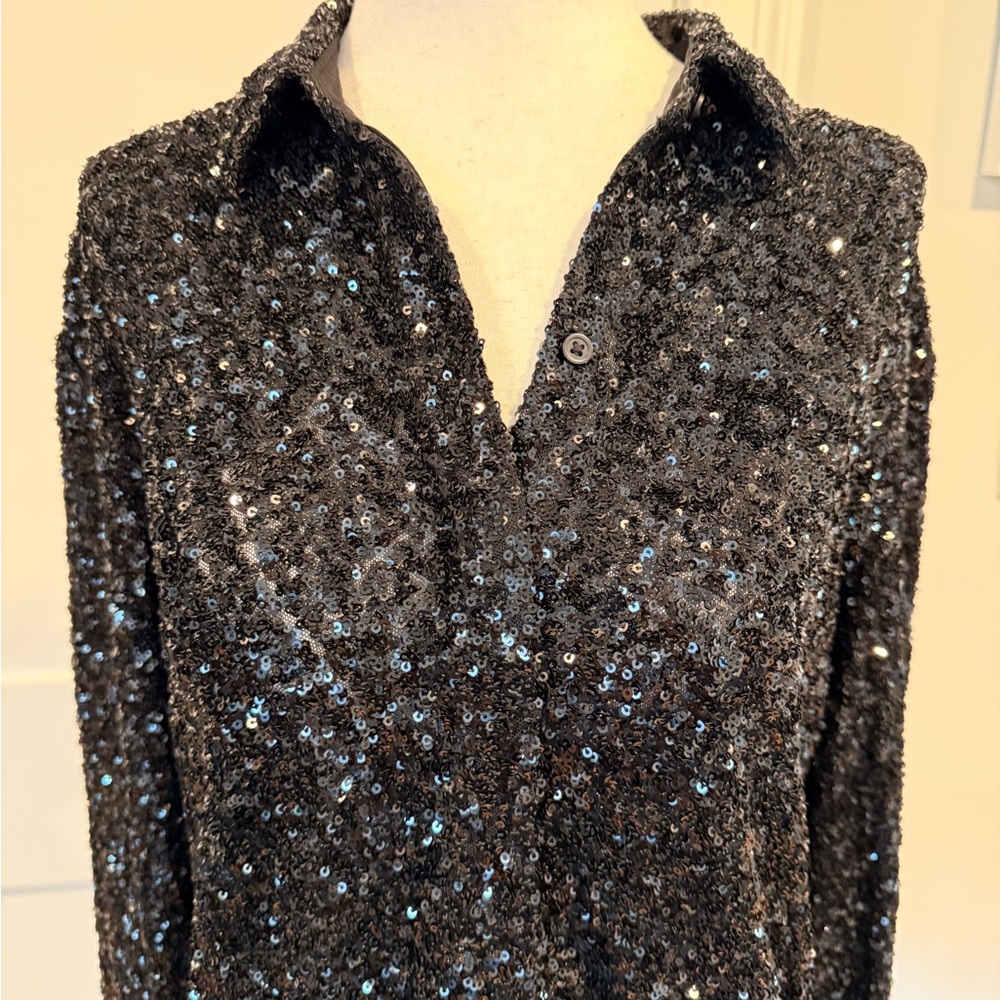 Express Black Sequin Button Down Shirt - image 5